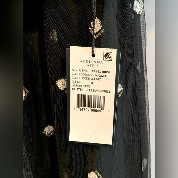 NWT, Adrianna Papell "Glitter Tulle Long Dress" in Black w/ Puff Sleeve, Size 8 - Picture 12 of 12